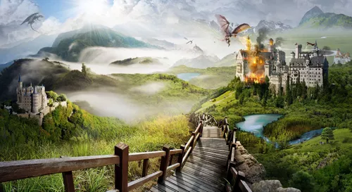 природа, фантастика, дым, водоемы, фэнтези, огонь, пламя, драконы, животные, деревья, холмы, лестница, существа, горы, зелень, пожар, замок, дворец, огонь замок