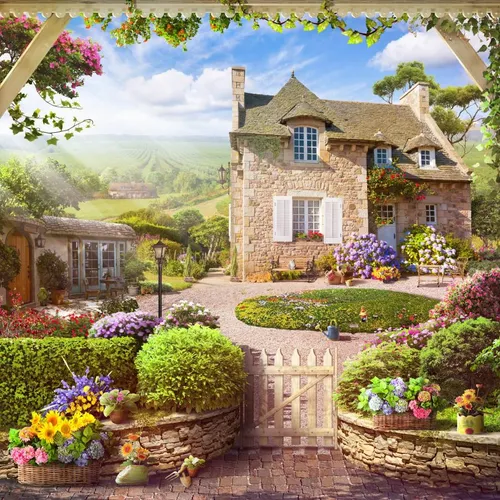 пейзаж, природа, с домом, поле, растения, фиолетовые, лопатка, цветы, лейка, красные, лужайка, белые, желтые, двор, здание, трава, ставни, дом, фонарь