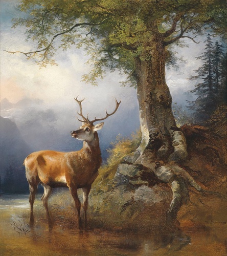 живопись, природа, животные, олень, дерево