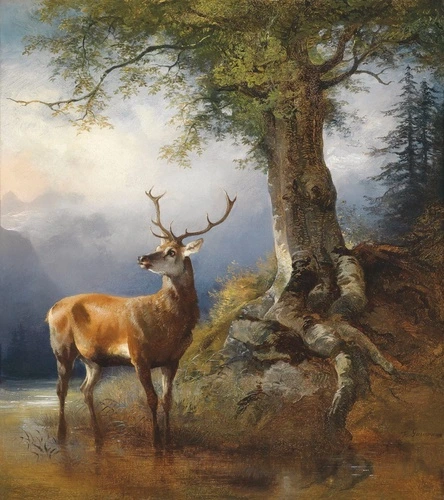 живопись, природа, животные, олень, дерево