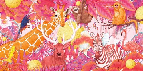 живопись, в детскую комнату, розовая, звери, зверюшки