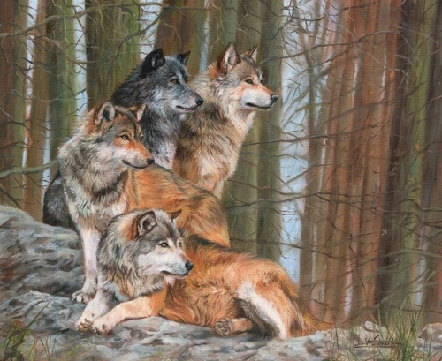 живопись, волки, в лесу