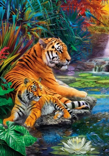 в детскую комнату, тигр и тигренок, у воды