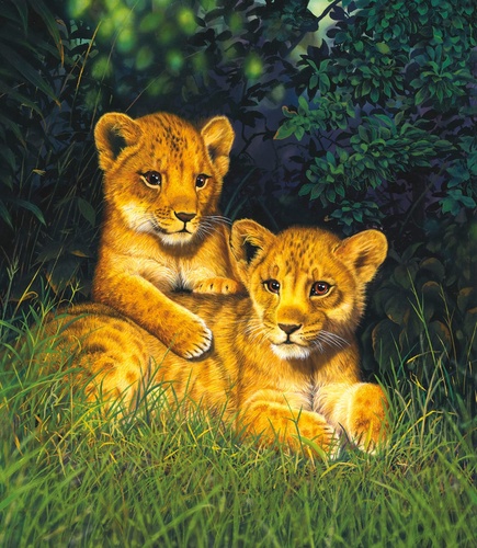 живопись, львята, на траве, маленькие леопарды