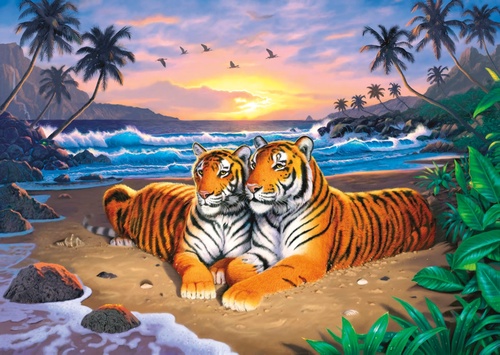 тигры, море, песок, пальмы