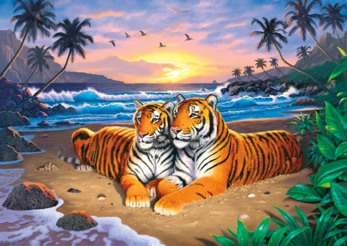 тигры, море, песок, пальмы