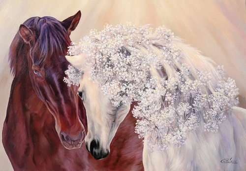 в спальню, лошади, белая, гнедая