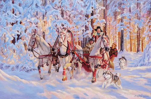 в офис, в кабинет, тройка лошадей, на снегу, живопись