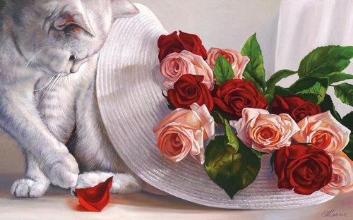 котик, с цветами