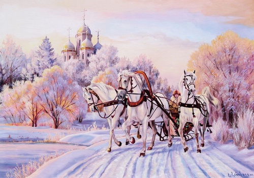 живопись, тройка лошадей, на снегу, белые