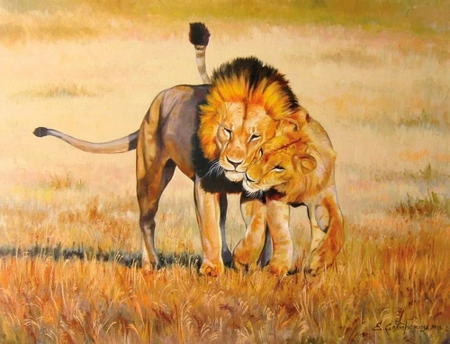 живопись, львы, желтая, оранжевая