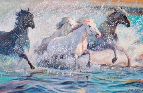 живопись, лошади, бегущие по воде, белые
