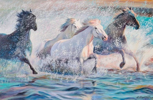 живопись, лошади, бегущие по воде, белые
