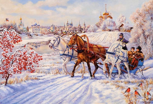 живопись, лошади, тройка лошадей, на снегу