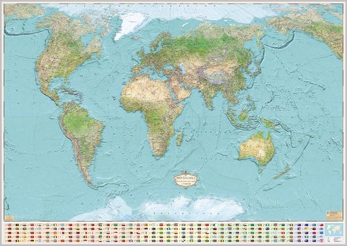 в офис, в кабинет, в детскую комнату, карта мира, физическая, с флагами, физическая карта мира