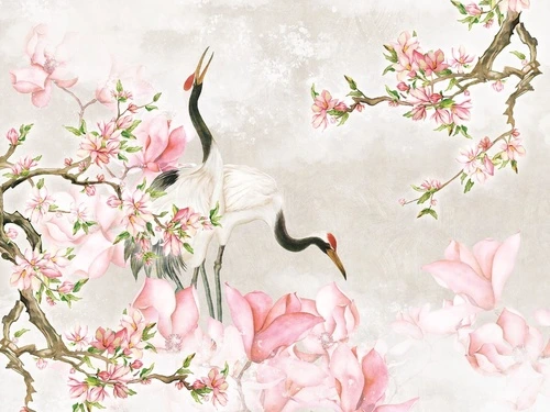 в спальню, журавли, сакура, розовая