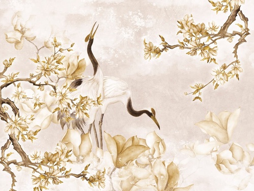 в спальню, журавли, сакура, бежевые