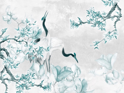 в спальню, журавли, сакура, голубая