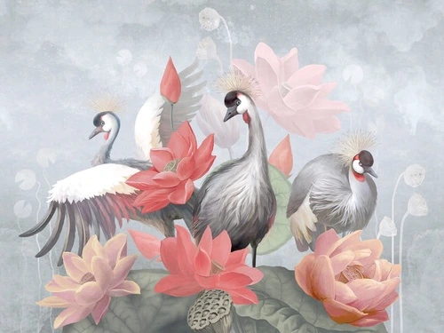 в детскую комнату, цветы, птицы, розово-голубая