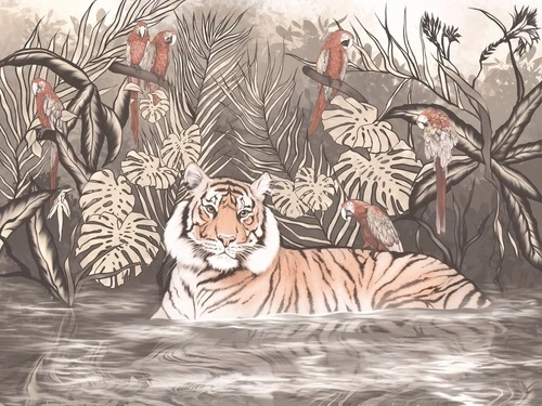 живопись, тигр, бежевые