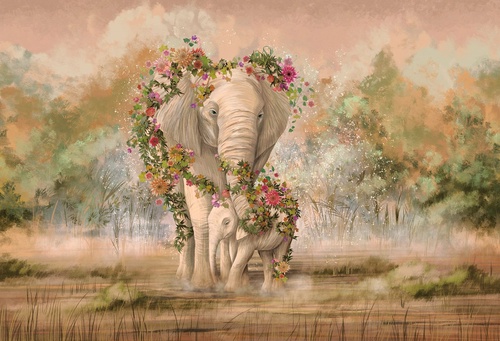 живопись, слон, слоненок, персиковые