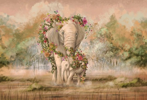 живопись, слон, слоненок, персиковые