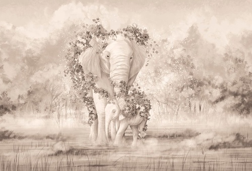 живопись, слон, слоненок, бежевые
