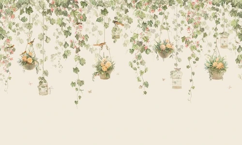 в загородный дом, свисающие, листья, цветы, в корзинках