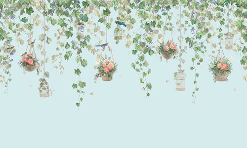 в загородный дом, листья, цветы, в корзинках, голубая