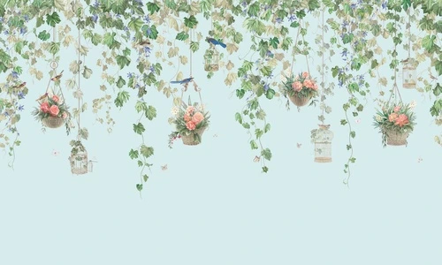 в загородный дом, листья, цветы, в корзинках, голубая