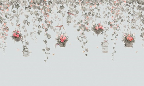 в загородный дом, цветы, листья, в корзинках, на сером фоне