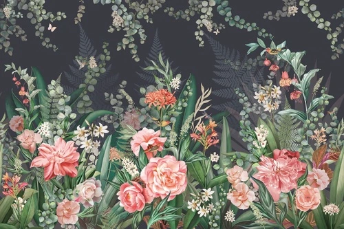 в спальню, в загородный дом, цветы, крупные, розовые, на черном фоне