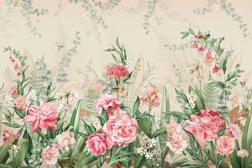 в спальню, в детскую комнату, в загородный дом, цветы, розовые, на бежевом фоне