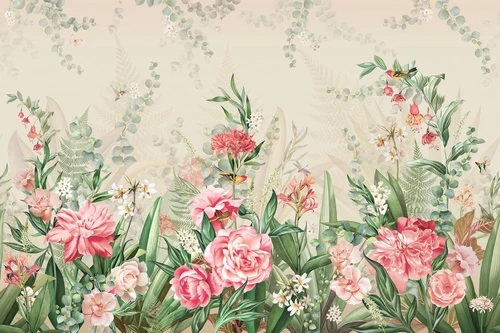 в спальню, в детскую комнату, в загородный дом, цветы, розовые, на бежевом фоне