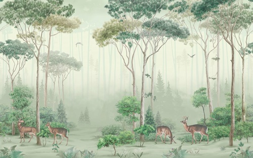 в детскую комнату, в загородный дом, деревья, лес, олени, зеленая