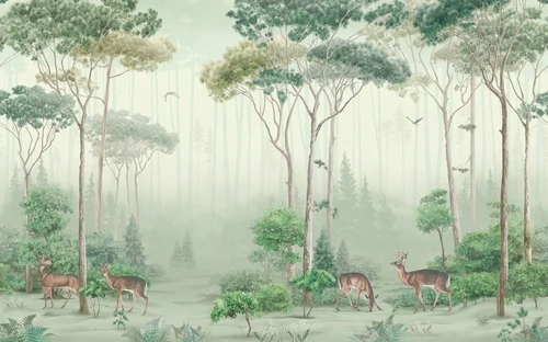 в детскую комнату, в загородный дом, деревья, лес, олени, зеленая