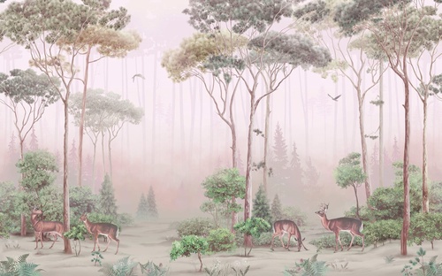 в детскую комнату, в загородный дом, лес, деревья, олени, на бежевом фоне