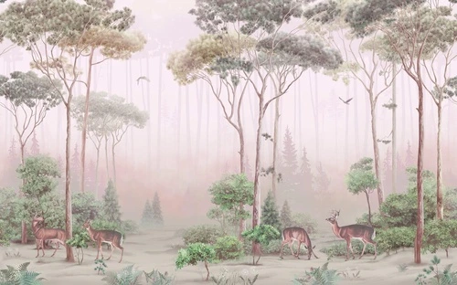 в детскую комнату, в загородный дом, лес, деревья, олени, на бежевом фоне