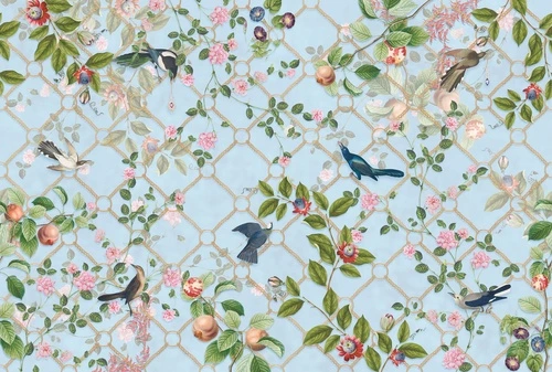 в загородный дом, сад, птицы, цветы, голубая