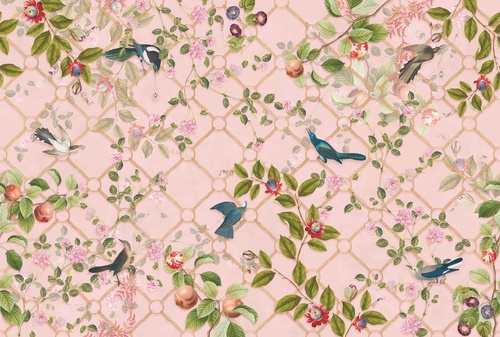 в загородный дом, сад, птицы, цветы, розовая, персиковая