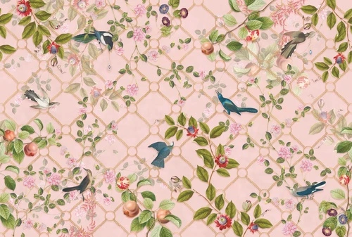 в загородный дом, сад, птицы, цветы, розовая, персиковая