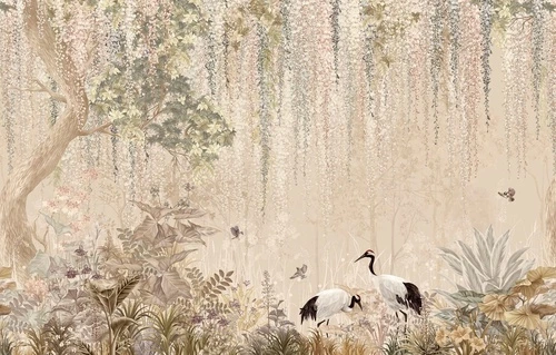 в детскую комнату, бежевые, в загородный дом, журавли, сад