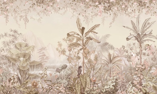 в спальню, в загородный дом, бежевые, тропики, пальмы, цветы