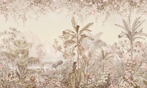 в спальню, в загородный дом, бежевые, тропики, пальмы, цветы