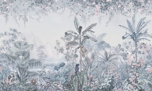 в спальню, в загородный дом, тропики, голубая, пальмы, цветы, листья