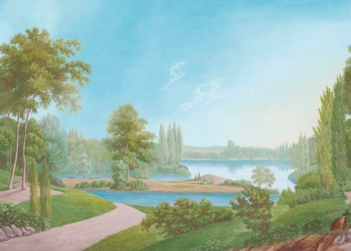 пейзаж, дорога, река, деревья, зеленая, яркие