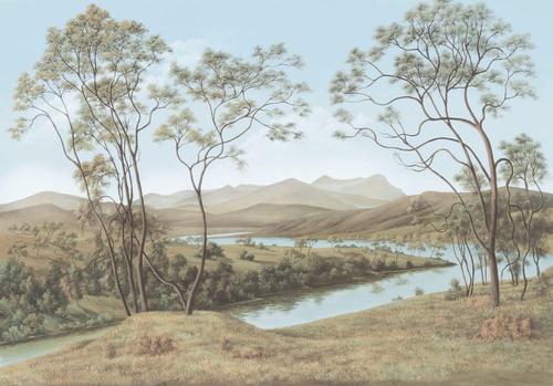 пейзаж, река, итальянские сосны, бежевые