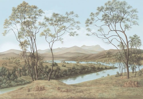 пейзаж, река, итальянские сосны, бежевые