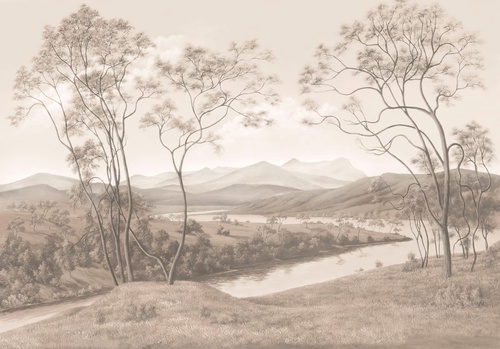 пейзаж, итальянские сосны, река, сепия, деревья