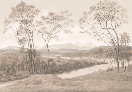 пейзаж, итальянские сосны, река, сепия, деревья